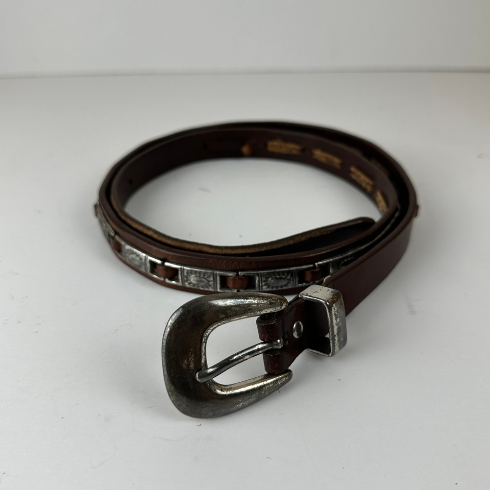 Fossil Brown Leather Western Concho Belt L Silver Buckle Boho Cowgirl Festival